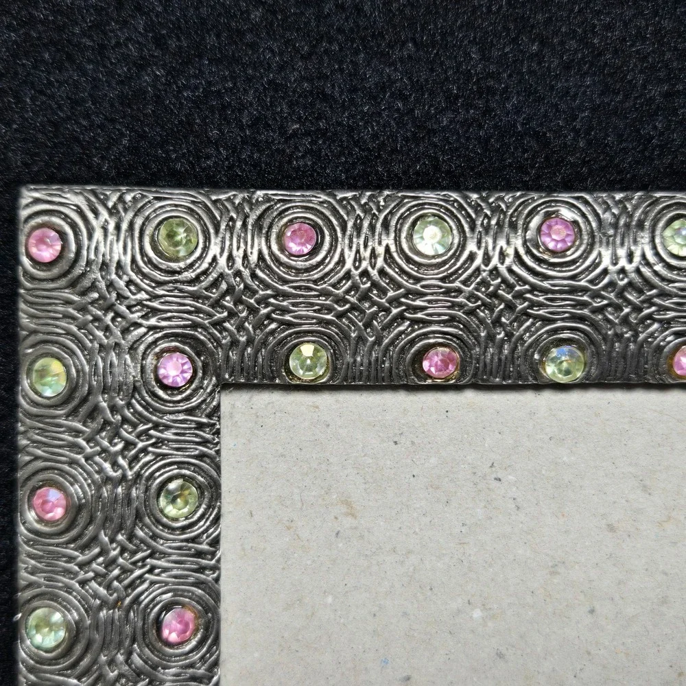 Vintage Style Silver Tone Metal Photo Frame with Pink Green Rhinestones 4x6